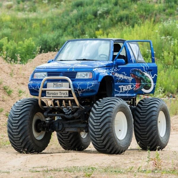 Niebieski Mini Monster Truck dla dzieci z dużymi kołami i grafiką dinozaura